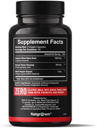 Cápsulas de Maca Negra Natgrown + Ginseng Panax en Polvo 1500 mg - Suplemento Vegano para Hombres y Mujeres (120 Contenido) - imagen 2