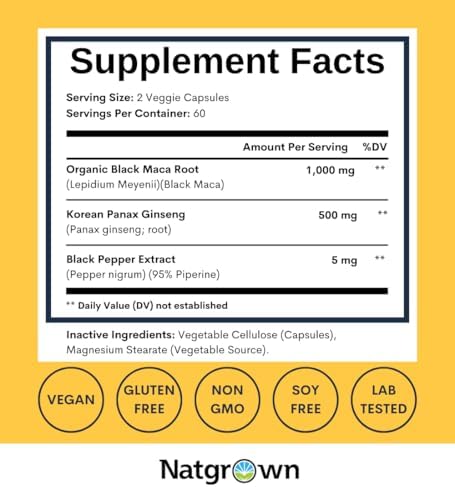 Cápsulas de Maca Negra Natgrown + Ginseng Panax en Polvo 1500 mg - Suplemento Vegano para Hombres y Mujeres (120 Contenido) - imagen 4