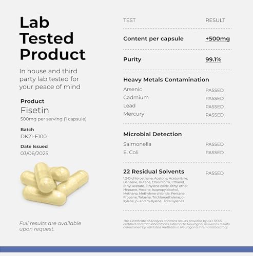 Suplemento de Fisetina Neurogan 500MG - 30 Cápsulas 98% Puro | Antienvejecimiento y Salud Cerebral | Suplementos para Memoria y Concentración, - imagen 6