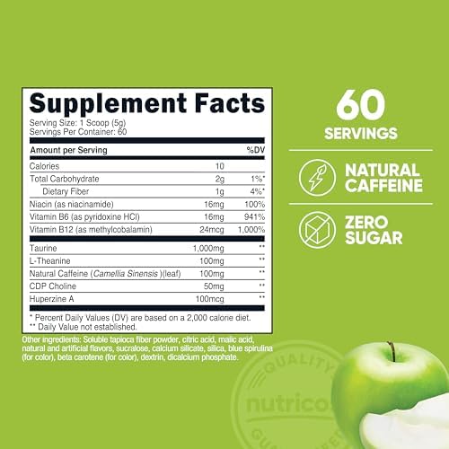 Nutricost Complejo Energético (Manzana Verde) 60 Porciones - Polvo de Energía Limpia, Suplemento Dietético de 300g - imagen 2