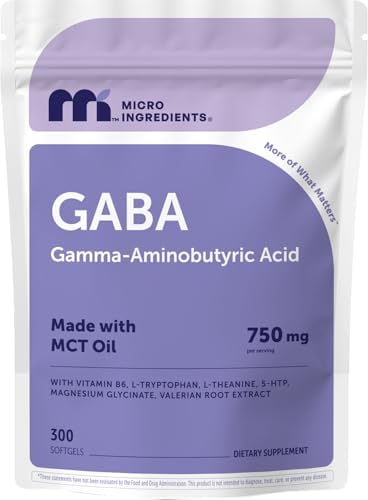 Micro Ingredients GABA 750 mg con Aceite MCT, 300 Gelatinas Blandas | Ácido Gamma Aminobutírico con Vitamina B6, 5-HTP, L-Teanina, L-Triptófano y - imagen 1