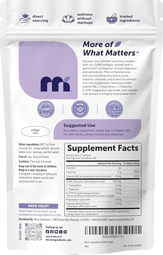 Micro Ingredients GABA 750 mg con Aceite MCT, 300 Gelatinas Blandas | Ácido Gamma Aminobutírico con Vitamina B6, 5-HTP, L-Teanina, L-Triptófano y - imagen 2