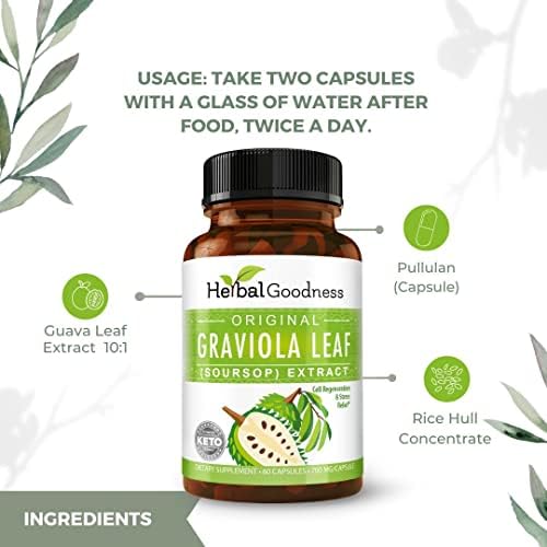 Cápsulas de Soursop Herbal Goodness - Extracto de Hojas de Guanábana 4X para Función Celular y Soporte Inmunológico | Suplemento Digestivo Orgánico, - imagen 2