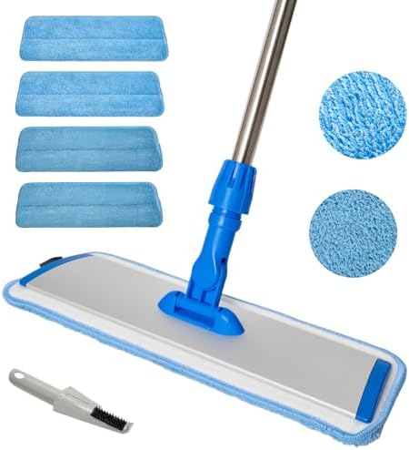 Mopa de Microfibra de 17.5'' para Limpiar Pisos - Mopa Plana Azul con Mango de Acero Inoxidable de 58'' - 4 Almohadillas Reutilizables Lavables - Uso - imagen 1