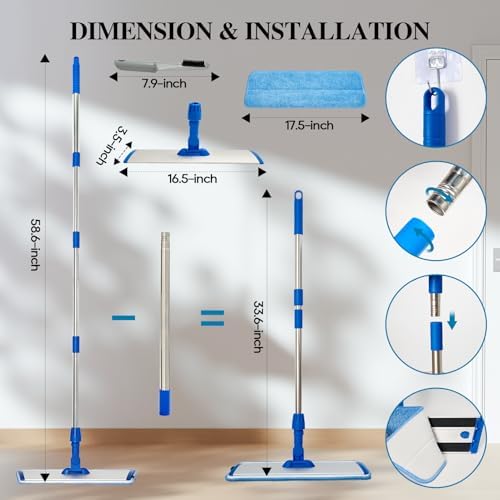 Mopa de Microfibra de 17.5'' para Limpiar Pisos - Mopa Plana Azul con Mango de Acero Inoxidable de 58'' - 4 Almohadillas Reutilizables Lavables - Uso - imagen 3
