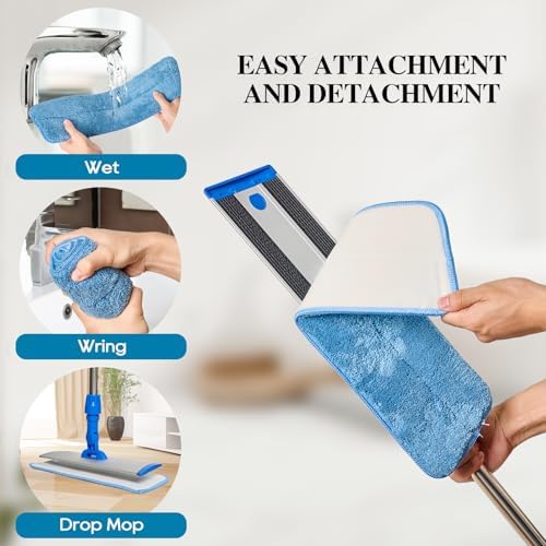 Mopa de Microfibra de 17.5'' para Limpiar Pisos - Mopa Plana Azul con Mango de Acero Inoxidable de 58'' - 4 Almohadillas Reutilizables Lavables - Uso - imagen 7