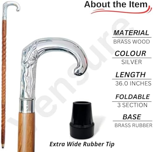 Bastón Antiguo de Madera Marrón en Espiral con Mango de Loro de Plata y Latón, Bastón de Regalo para Hombres y Mujeres - imagen 4