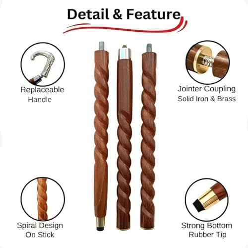 Bastón Antiguo de Madera Marrón en Espiral con Mango de Loro de Plata y Latón, Bastón de Regalo para Hombres y Mujeres - imagen 5
