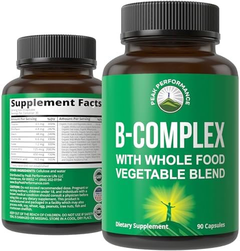 Cápsulas de Complejo de Vitamina B + Mezcla de 25 Verduras y Frutas para Máxima Absorción. Suplemento Vegano de B-Complejo con B1, B2, B3, B5, B6, - imagen 1