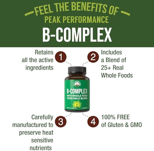 Cápsulas de Complejo de Vitamina B + Mezcla de 25 Verduras y Frutas para Máxima Absorción. Suplemento Vegano de B-Complejo con B1, B2, B3, B5, B6, - imagen 2