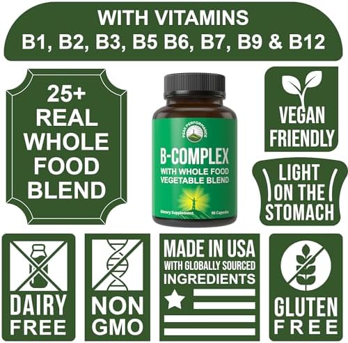 Cápsulas de Complejo de Vitamina B + Mezcla de 25 Verduras y Frutas para Máxima Absorción. Suplemento Vegano de B-Complejo con B1, B2, B3, B5, B6, - imagen 3