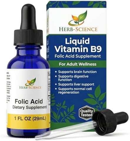 Suplementos de Ácido Fólico Líquido Herb-Science - Gotas de Vitamina B9 para Función Cerebral y Digestiva, Soporte Hepático - Sin Gluten, No - imagen 1