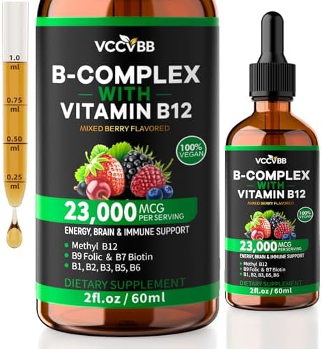 Gotas de Complejo de Vitamina B, B12 Metilcobalamina 5000mcg, B6, B1, B2, B5, B7, B3, Folato con Vitamina C, Líquido Sublingual Vegano | 60 Porciones - imagen 1