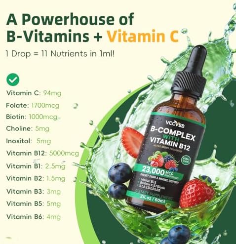 Gotas de Complejo de Vitamina B, B12 Metilcobalamina 5000mcg, B6, B1, B2, B5, B7, B3, Folato con Vitamina C, Líquido Sublingual Vegano | 60 Porciones - imagen 2
