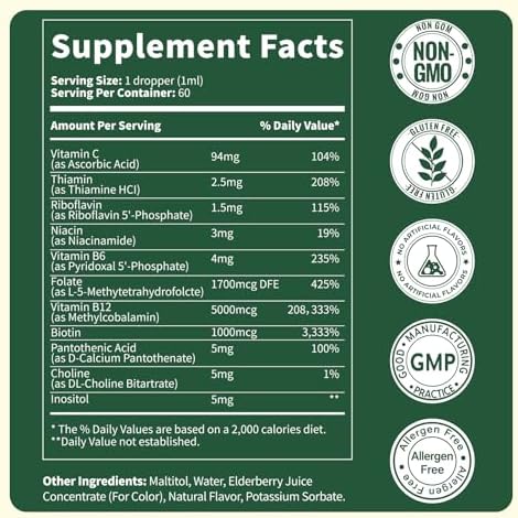 Gotas de Complejo de Vitamina B, B12 Metilcobalamina 5000mcg, B6, B1, B2, B5, B7, B3, Folato con Vitamina C, Líquido Sublingual Vegano | 60 Porciones - imagen 6