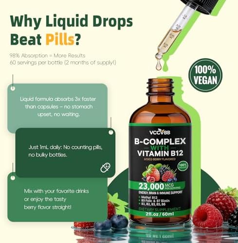 Gotas de Complejo de Vitamina B, B12 Metilcobalamina 5000mcg, B6, B1, B2, B5, B7, B3, Folato con Vitamina C, Líquido Sublingual Vegano | 60 Porciones - imagen 7