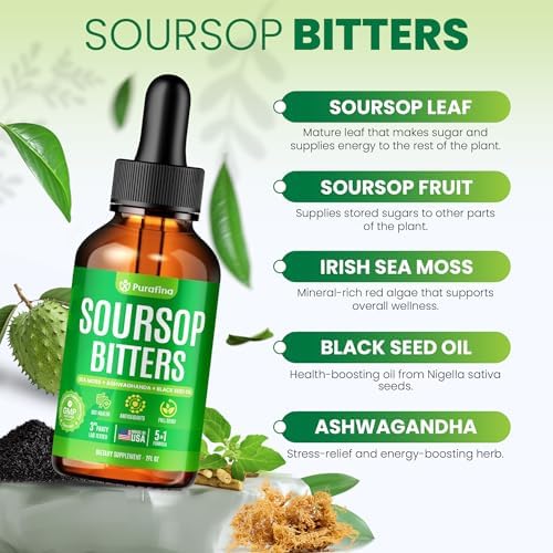 Gotas Líquidas de Amargo de Guanábana 5 en 1 Detox y Limpieza con Musgo Irlandés, Aceite de Semilla Negra, Ashwagandha y Extracto de Hoja de Graviola - imagen 2