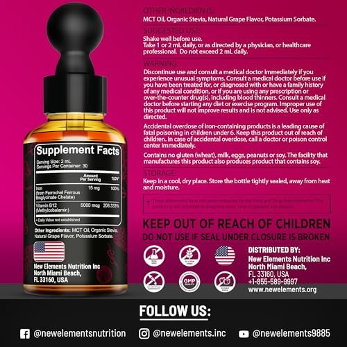 Suplemento Líquido de Hierro New Elements para Mujeres y Hombres con Vitamina B12 5000mcg - Constructor de Sangre Libre para Anemia - Gotas de - imagen 3