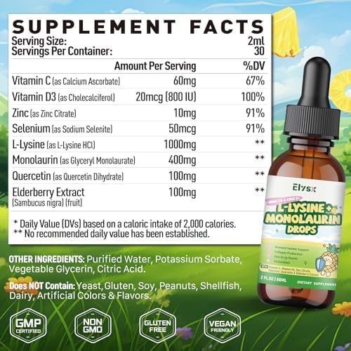 Gotas Líquidas de L-Lisina y Monolaurina, Suplemento de Lisina 1000mg para Niños y Adultos, con Vitamina C, D3, Citrato de Zinc, Selenio, Quercetina - imagen 2