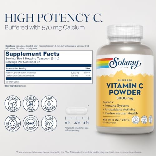 Solaray Polvo de Ácido Ascórbico Vitamina C 5000mg - Suplemento Vegano para Hombres y Mujeres, Apoyo Inmunológico y de Piel, 8 oz - imagen 2