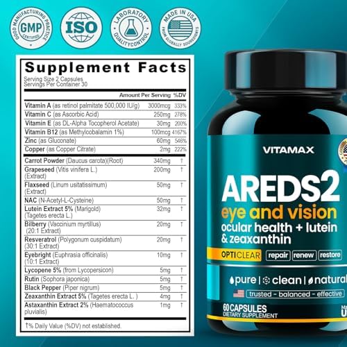 Vitaminas para los Ojos AREDS 2 - Luteína, Zeaxantina, Arándano, Astaxantina - Suplemento Mineral para la Salud Visual - 60 cápsulas - Hecho en EE. - imagen 7