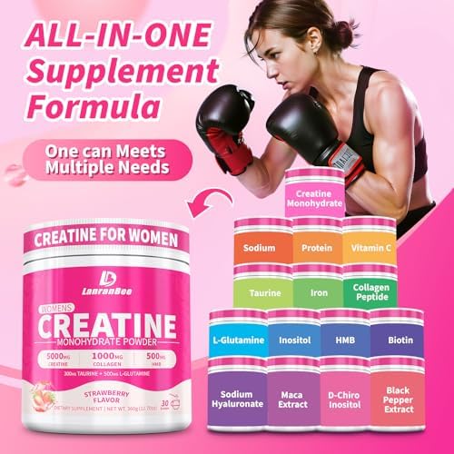 Creatina HMB para Mujeres LanranBee 5g en Polvo Micronizado con Colágeno, Suplemento Pre Entrenamiento Sin Azúcar, Sabor Fresa, 30 Porciones - imagen 2