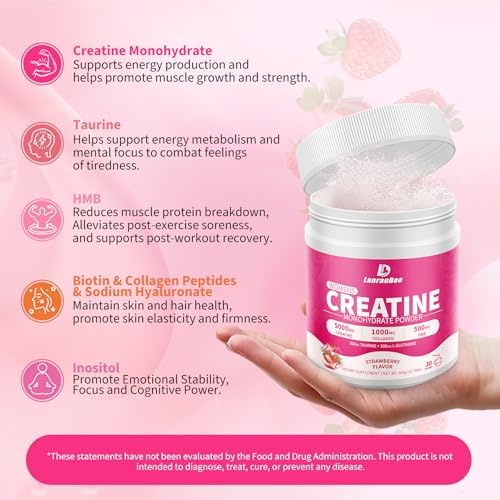 Creatina HMB para Mujeres LanranBee 5g en Polvo Micronizado con Colágeno, Suplemento Pre Entrenamiento Sin Azúcar, Sabor Fresa, 30 Porciones - imagen 3