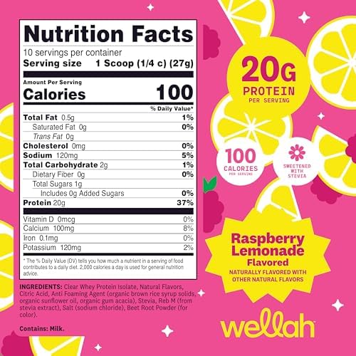 Proteína Isolada de Suero Wellah Clear (Limonada de Frambuesa) 10 Porciones - 20g de Proteína, 100 Calorías, Endulzada con Stevia - imagen 2