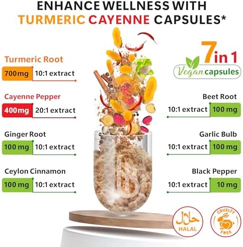 Suplemento Herbpy 7 en 1 de Pimienta de Cayena y Cúrcuma - Salud Digestiva, Cerebral, Cardíaca e Inmunológica con Ceylán, Ajo, Jengibre, Betabel y - imagen 2