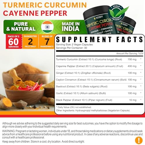 Suplemento Herbpy 7 en 1 de Pimienta de Cayena y Cúrcuma - Salud Digestiva, Cerebral, Cardíaca e Inmunológica con Ceylán, Ajo, Jengibre, Betabel y - imagen 6