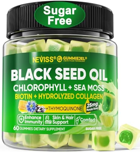 Gomitas de Aceite de Semilla Negra para Adultos y Niños 9+, Suplemento de Clorofila y Musgo Marino, Biotina con Colágeno Hidrolizado para Piel, - imagen 1