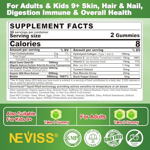 Gomitas de Aceite de Semilla Negra para Adultos y Niños 9+, Suplemento de Clorofila y Musgo Marino, Biotina con Colágeno Hidrolizado para Piel, - imagen 2