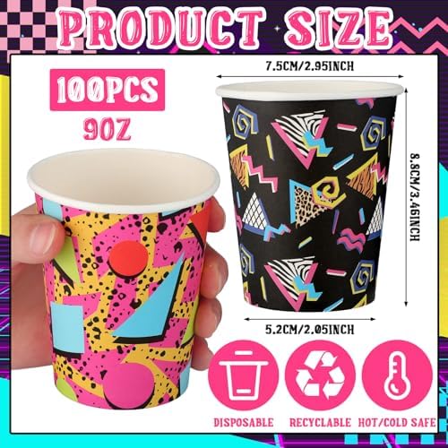 Yoande 100 Pzs Vasos de Papel Desechables Retro 80s 90s de 9 oz para Fiestas, 2 Diseños, Suministros para Bebidas Frías y Calientes - imagen 2