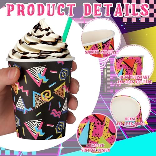 Yoande 100 Pzs Vasos de Papel Desechables Retro 80s 90s de 9 oz para Fiestas, 2 Diseños, Suministros para Bebidas Frías y Calientes - imagen 3