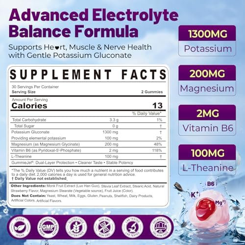 Gomitas de Gluconato de Potasio 1300mg para Adultos, Suplemento de Potasio con Magnesio, B6 y L-Teanina, 60 piezas para Hidratación y Alivio de - imagen 2