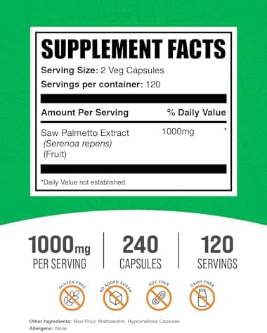 Cápsulas de Extracto de Saw Palmetto BulkSupplements.com - Serenoa Repens, Suplemento Sin Gluten, 2 Cápsulas por Porción, Paquete de 1 - imagen 2