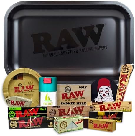 Set de Regalo para Fumadores: Bandeja de Rolling RAW Negra Mate 10.8 x 6.9, Cenicero RAW, Contenedor a Prueba de Olores THE BOAT, Papeles Orgánicos - imagen 1