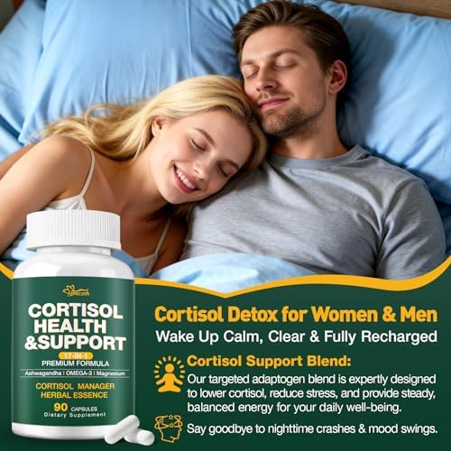 Suplementos de Cortisol para Hombres y Mujeres, Reductor de Cortisol con Magnesio, Ashwagandha y L-Theanina, 90 Cápsulas para Dormir y Alivio del - imagen 2