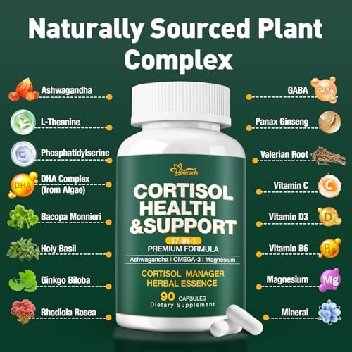 Suplementos de Cortisol para Hombres y Mujeres, Reductor de Cortisol con Magnesio, Ashwagandha y L-Theanina, 90 Cápsulas para Dormir y Alivio del - imagen 3