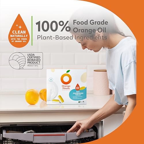 Tabletas para Lavavajillas a Base de Plantas Orange - 56 Piezas | 100% Aceite de Naranja de Grado Alimenticio, Limpieza Profunda, Ecológicas, Sin - imagen 2