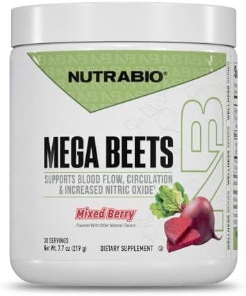 NutraBio Mega Beets Polvo Orgánico de Raíz de Betabel, Superalimento de Óxido Nítrico, Nitratos NO3-T y Antioxidantes - 30 Porciones - imagen 1