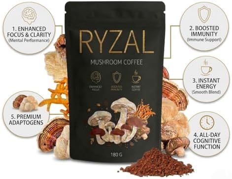 Café de Hongo RYZAL, Instantáneo Orgánico para Mayor Enfoque y Energía, con Cordyceps, Reishi, Shitake, Cola de Pavo, Trompeta Rey y Melena de León | - imagen 2