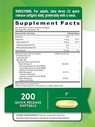 Triple Omega 3 6 9 de Nature's Truth | 3600mg | 200 Cápsulas Blandas | Aceites de Pescado, Linaza y Borraja | Suplemento Sin OGM y Sin Gluten - imagen 2