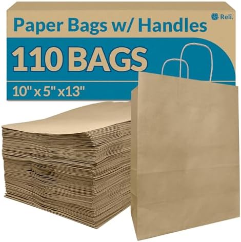 Bolsas de Papel Kraft con Asa Reli. 10x5x13 in. | Paquete de 110 | Perfectas para Regalos, Compras, Fiestas y Manualidades - imagen 1