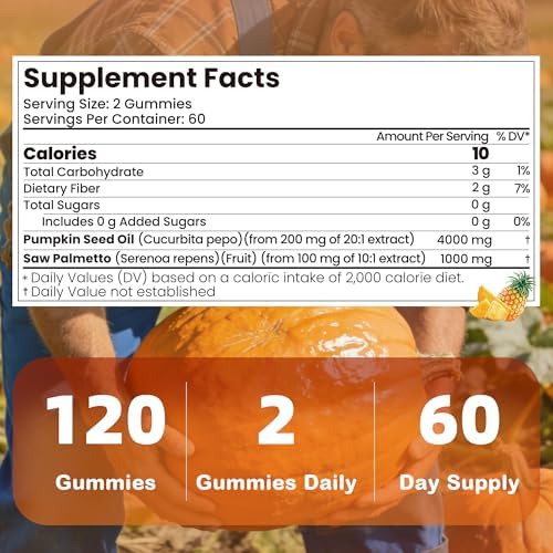 Gomitas de Aceite de Semilla de Calabaza 120 Contadores con Saw Palmetto | Extracto Frío de 5,000 mg | Sabor Piña Sin Azúcar | Apoya la Salud del - imagen 2