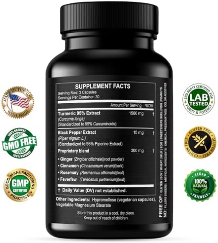 Extracto de Cúrcuma y Curcumina 1500mg – Dosis Completa de 95% Curcuminoides con Pimienta Negra, Jengibre y Canela – Suplemento de Alta Absorción – - imagen 2