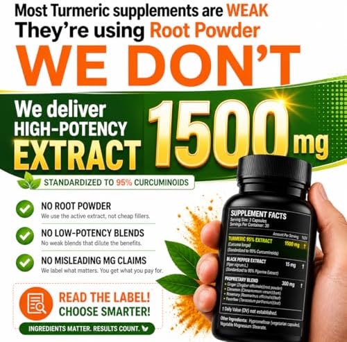 Extracto de Cúrcuma y Curcumina 1500mg – Dosis Completa de 95% Curcuminoides con Pimienta Negra, Jengibre y Canela – Suplemento de Alta Absorción – - imagen 3