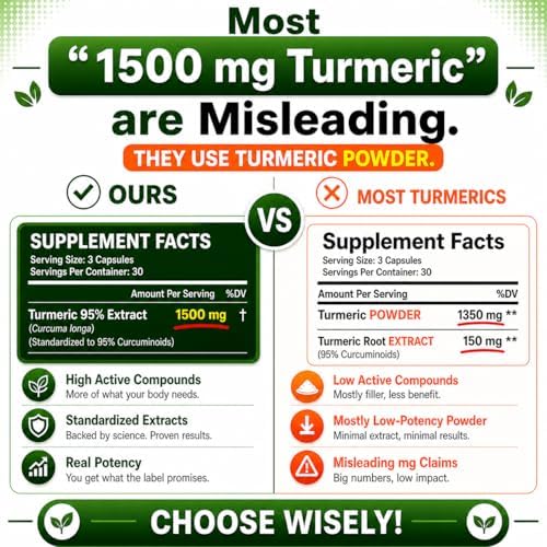 Extracto de Cúrcuma y Curcumina 1500mg – Dosis Completa de 95% Curcuminoides con Pimienta Negra, Jengibre y Canela – Suplemento de Alta Absorción – - imagen 5