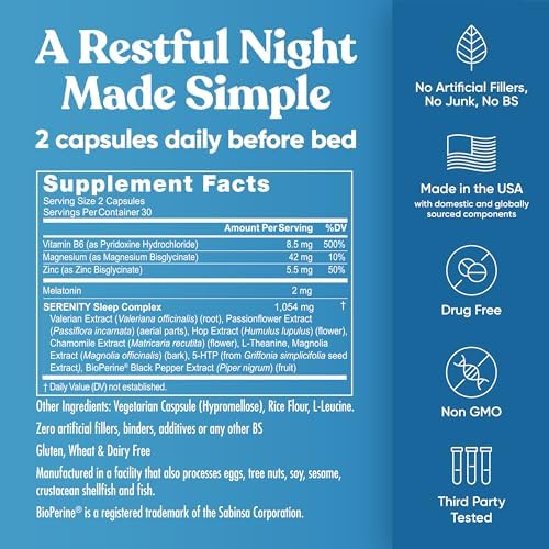 Serenity Sleep Suplemento Natural para Dormir - Mezcla Potente de Magnesio, Raíz de Valeriana y Melatonina - 60 Cápsulas Veganas - imagen 7