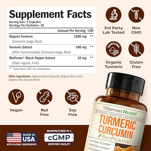 Suplemento de Cúrcuma y Curcumina - 1200 mg de Cúrcuma Orgánica + Extracto de Cúrcuma (95% Curcuminoides) para Soporte Articular y Digestivo - 60 - imagen 3